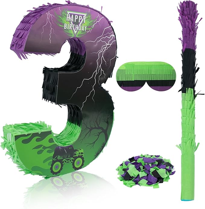 Number 3 Monster Truck Car Piñata Green and Purple Pinata for Birthday Party Decorations Number 3 with Blindfold Stick Small Monster Truck Theme 3rd Party Supplies 15.8 x 11.5 x 2.45 Inch