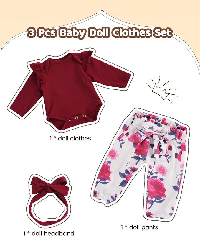 BABESIDE 3 Pcs Reborn Baby Doll Clothes for 17-22 Inch Babydolls, Floral Patterns Lifelike Baby Doll Accessories for Realistic Baby Dolls Girl, Wine Red