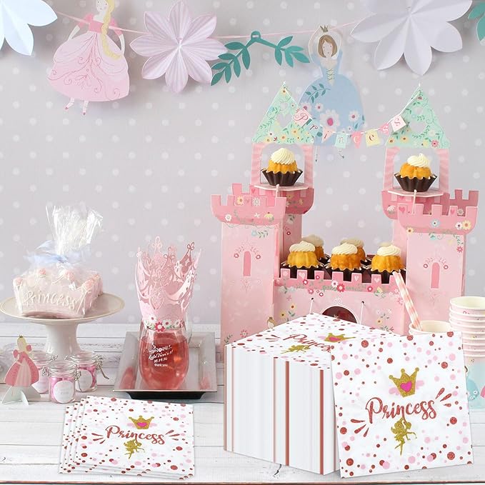 100 Pcs Pink Castle Napkins, Disposable Princess Napkins, Castle Decorations - 13 x 13 Inches