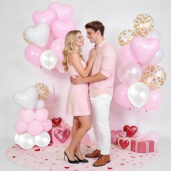 Pink Balloons, 60 Pcs Pastel Light Baby Pink and Pearl White Heart Latex Balloons, 12 Inch Double Stuffed & Gold Confetti Balloon for Girls Women Birthday Wedding Bridal Baby Shower Bachelorette Party