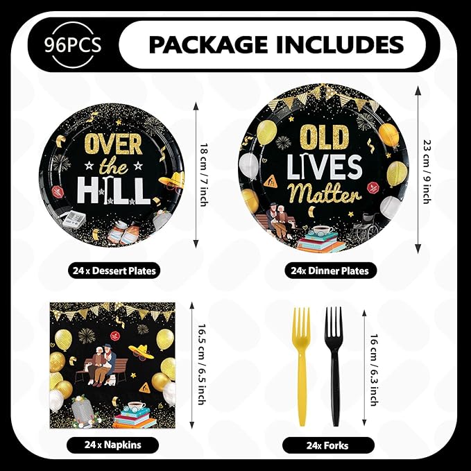 96Pcs Old Lives Matter Decoration Over The Hill Birthday Plates and Napkins Gold Black Funny Retirement Decoration Favor for Men Women 50th 60th 70th 80th Retirement Birthday Party Supplies Serves 24