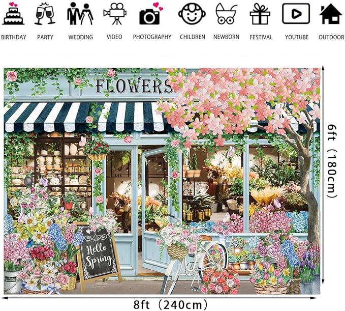 Flowers Shop Backdrop for Photography 8x6FT Spring Florals Butterfly Tea Party Background Hello Spring Banner Decorations Supplies Photo Props