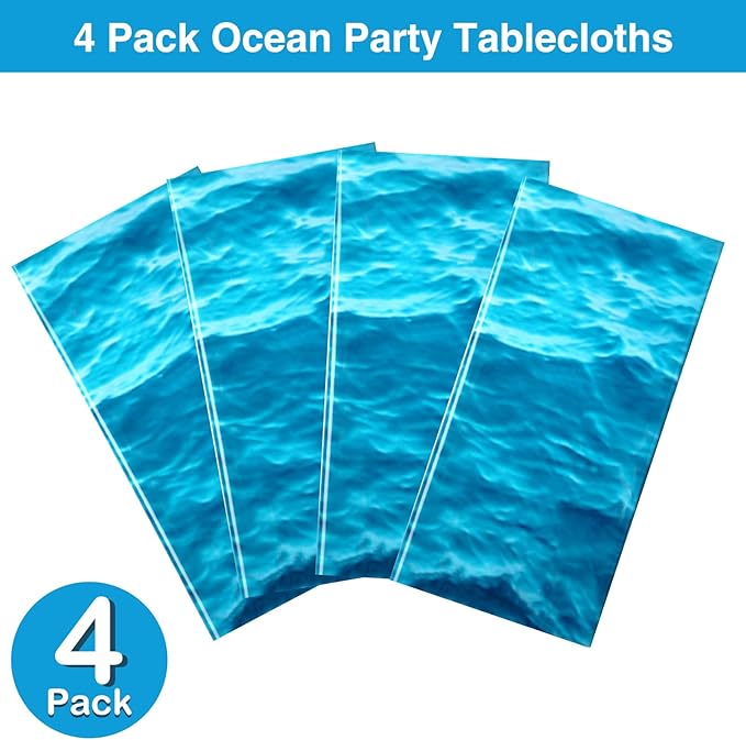 Irenare 4 Pieces Ocean Waves Plastic Tablecloth 54 x 108 Inch Ocean Table Cover Water Print Table Cover Sea Tablecloth Blue for Beach Pool Birthday Party Decoration Shower Supplies