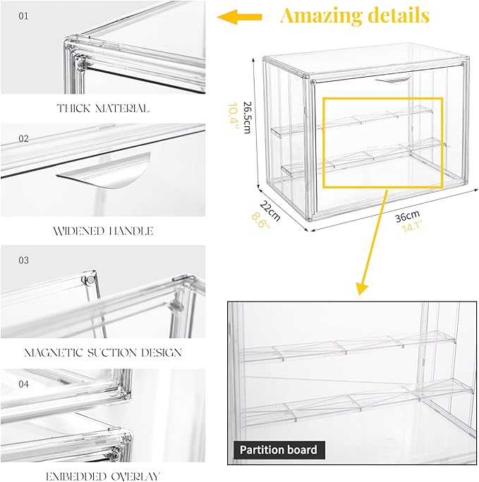 Attelite Clear Acrylic Display Case,3 Tier Display Shelf with 2 Movable Plate, Stackable Protection Showcase for Action Figures, Display Storage Box Countertop with Magnetic Door