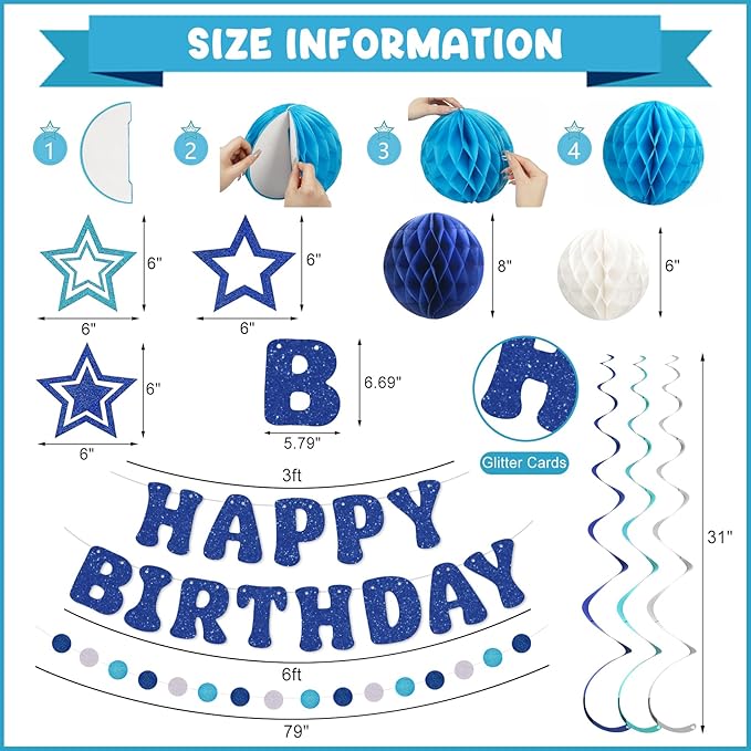 Amandir Birthday Decorations for Boys Men, Glitter Happy Birthday Banner with Honeycomb Balls, Star Hanging Swirls Streamers, Circle Dots Garland, Blue Birthday Party Decorations Supplies Girls Women