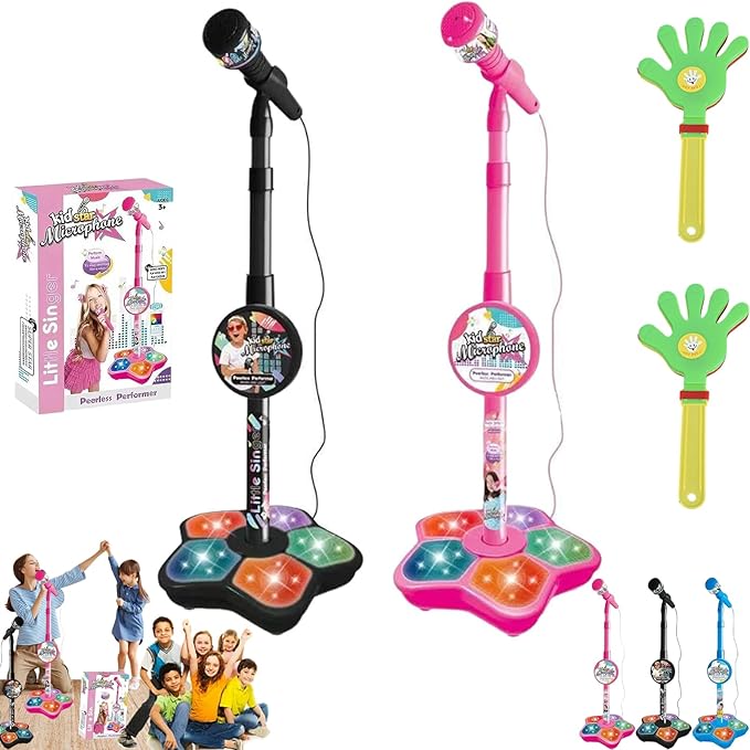 The All-in-One Microphone Toy, Kids Microphone with Stand, Adjustable Stand, Speaker & LED Lights, Funny Karaoke Microphones Toy for Singing, Boys & Girls (Pink*Black)