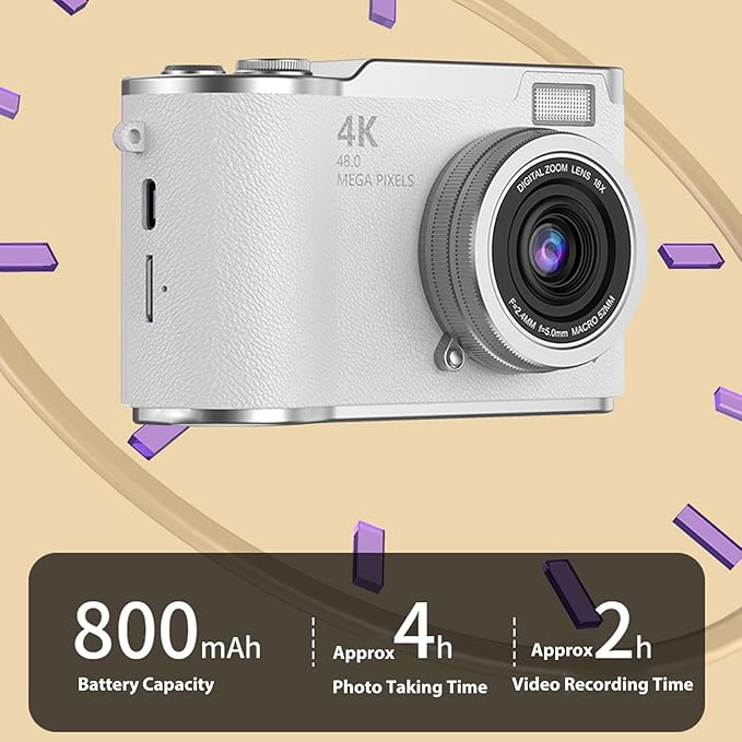 Denash Foldable Screen Kids and Beginners Camera,4K Digital Camera for Photography,48MP Digital Foldable Support 16X Zoom with Flip Scree (White)