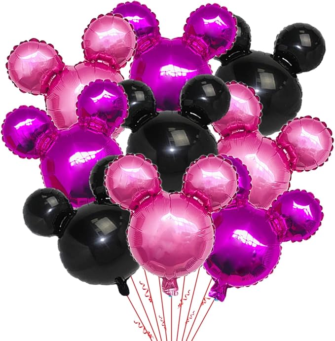 9Pcs Pink Mouse Party Foil Balloons, 27” Black, Rose Red, Pink Balloons, Cartoon Mouse Party, Baby Party, Girl Party, Kids Birthday Theme Party Decoration Supplies