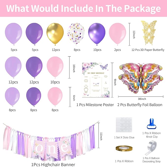 Xigejob Butterfly First Birthday Decorations Girl - Butterfly 1st Birthday Party Supplies, Include Balloon Arch, Backdrop, Balloon Box, Highchair Banner, Hat, Photo Banner