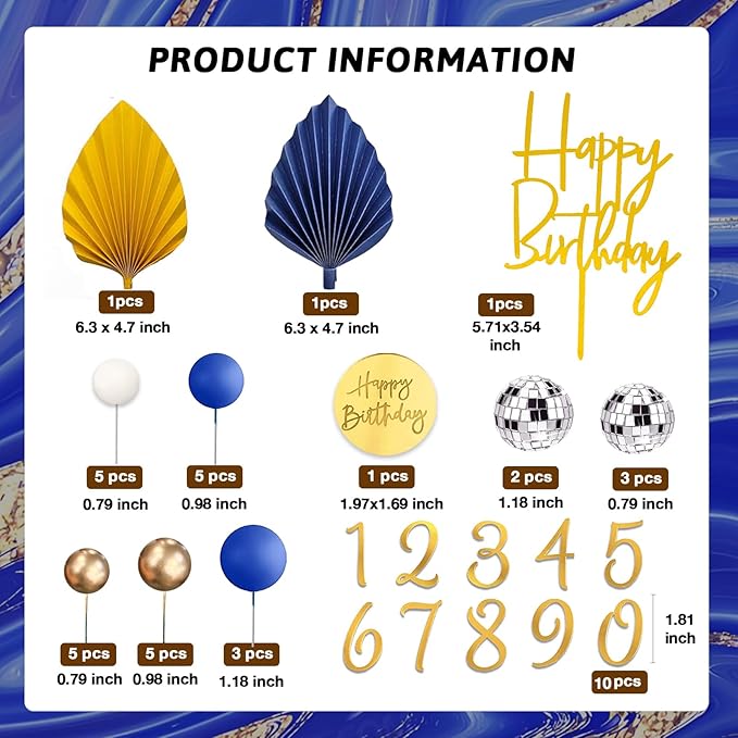 42Pcs Gold Blue White Balls Cake Topper Decorations with Disco Balls Palm Leaves Acrylic Numbers 0-9 and Happy Birthday Cake Toppers for Boho Wedding Baby Shower Birthday Party Supplies