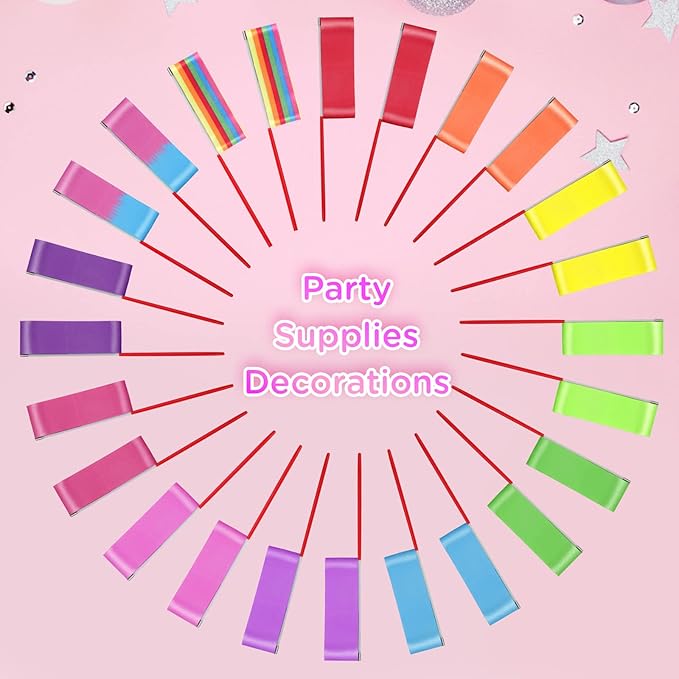 24 Pack Rainbow Dance Ribbon for Kids Party Favors - 12 Colors Rhythmic Gymnastics Twirling for Girls Birthday Party Decoration Supplies, Baton Sticks Silk Streamers Wands