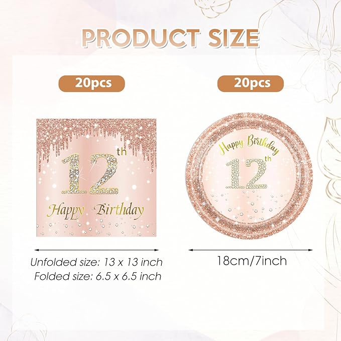 40Pcs 12th Birthday Decorations for Girls Rose Gold 12th Birthday Party Plates and Napkins Happy 12 Years Party Theme Tableware Disposable 7'' Paper Plates, Napkins for Her,Girls Teen Party Supplies