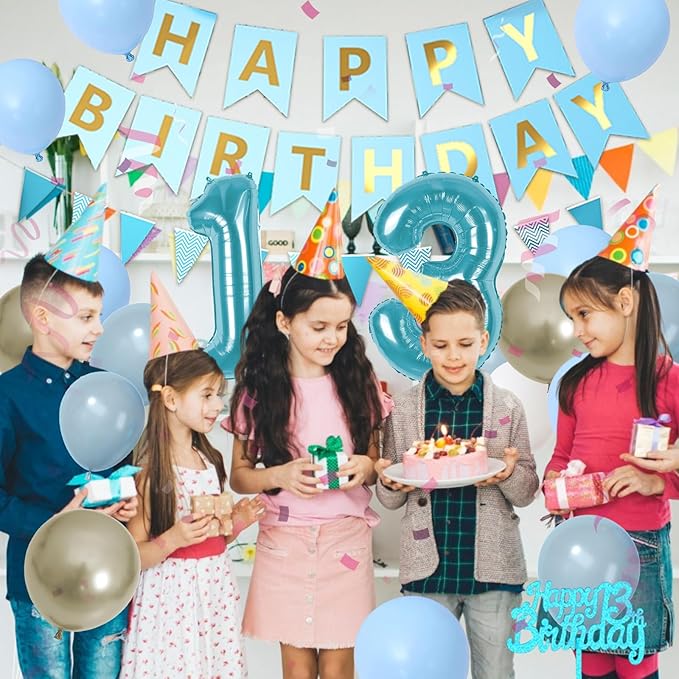 13th Birthday Decorations, Blue Happy Birthday Party Decorations With Teal Blue Number 13 Balloons Dusty Macaron Blue White Balloons Fringe Curtain Banner Cake Topper For Boy Girl Party Supplies