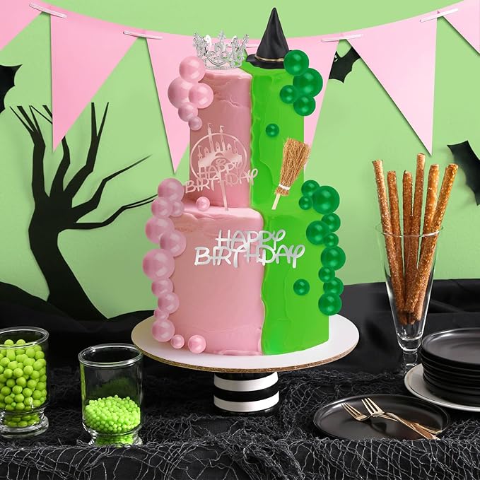 44 Pieces Pink and Green Cake Decorations with Mini Black Witch Hat, Silver Crown, Broom, Balloons, Happy Birthday Cake Topper for Girls Women Princess Witch Birthday Party Decorations Supplies