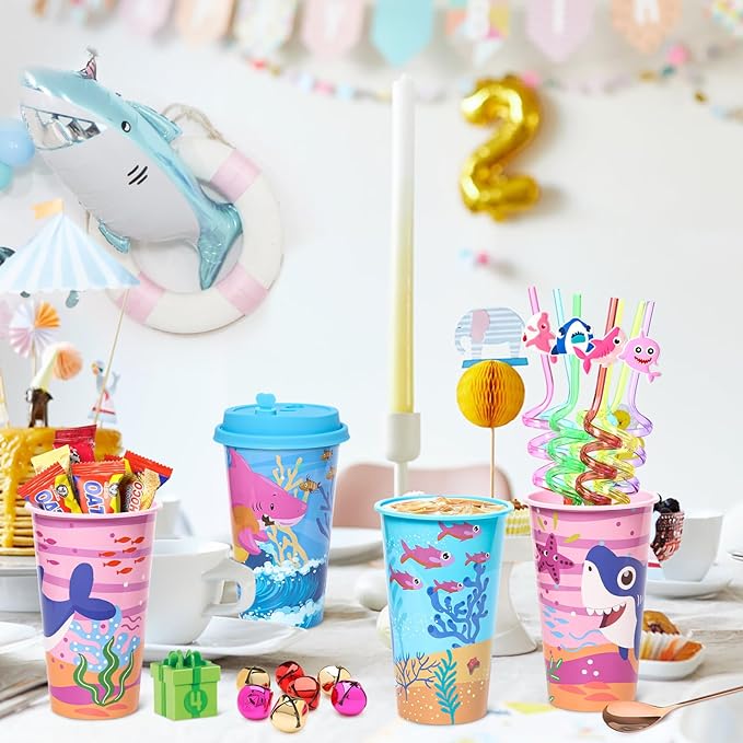 Lidmada Shark Party Favors Goodie Cups with Lids, 24 Pack Birthday Party Cups in 4 Colors, 16OZ Plastic Ocean Shark Themed Reusable Party Supplies Decorations Cups for Baby Kids Christmas Winter Gifts