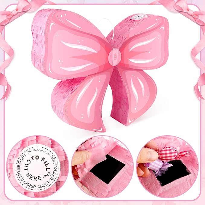 Hooqict Pink Bow Pinata with Blindfold and Bat Stick Pink Girls Pinata for Birthday Party Girls Kids Bow Birthday Party Supplies Decorations (Small Size 16"x13"x3")