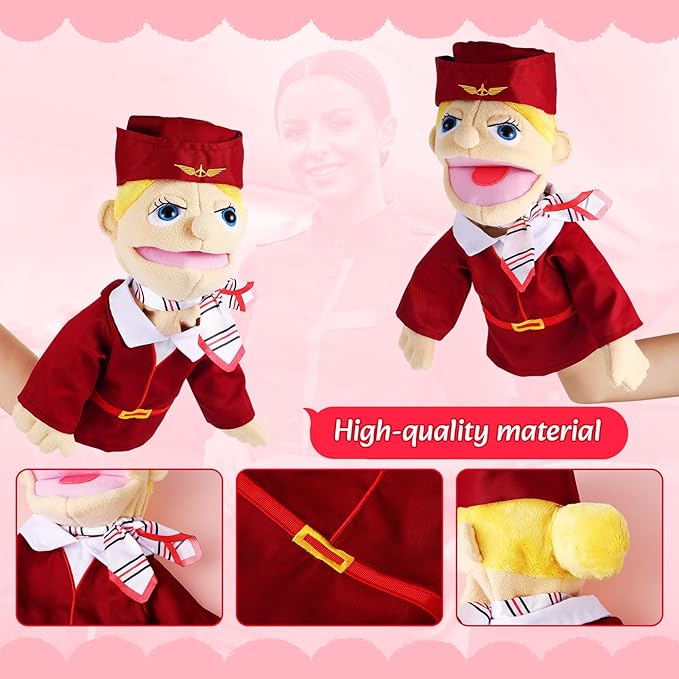 Role Play Hand Puppets Hand Plush Chef Doctor Fireman Pirate Detective Athlete Nurse Worker Hand Puppet Toys Puppets for Kids Storytelling Imaginative Pretend Play Teaching Preschool(Stewardess)