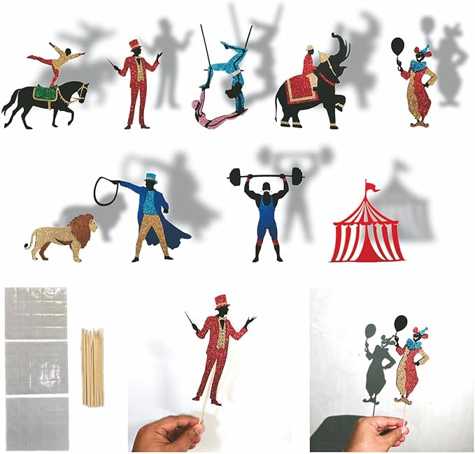 Circus Shadow Puppet Theater Set – 9-Piece Carnival Silhouette Kit with Felt Cutouts, Sticks & Dots – DIY Storytelling Shadow Play for Kids, Classroom & Family Craft Activities