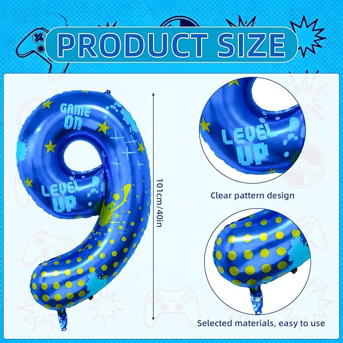 Video Game Birthday Party Decorations, 40inch Blue Video Game Number 8 Foil Balloon for Level Up Games Themed Birthday Party Supplies (9)