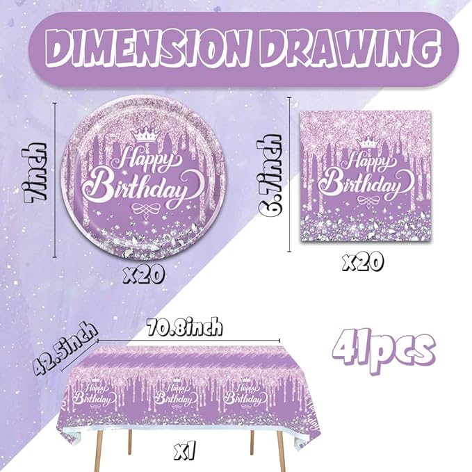 41pcs Purple and Silver Party Supplies ,include 20 dessert plates,20 Napkin and 1pcs Tablecloth,Used for Purple Silver Glitter Birthday Party Decoration Set