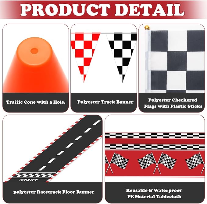 Race Car Party Decorations, Checkered Flag Party Supplies-12 Traffic Cones and 24 Racing Checkered Flags, 6.5Ft Racetrack Floor Runner and 9.8ft Banner, Tablecloth, Balloons and Ribbons