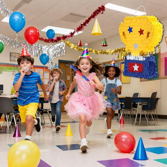 Gold Trophy Pinatas Bundle with a Blindfold and a Bat (Small Size 15.5 x 13 x 4 Inches), Perfect for Sport Team School Event Parties, Champion Award Ceremony Party Decorations Games