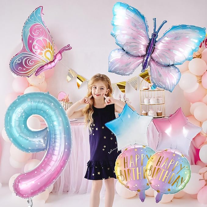 Butterfly Balloons, 9th Butterfly Birthday Decorations for Girls, Fantasy Giant Number 9 Butterfly Foil Balloons Birthday Party Supplies, Aluminum Film Girl Birthday Party Balloons Decoration