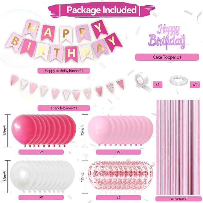 Pink Birthday Decorations, Happy Birthday Party Decorations For Girl Women With Confetti Balloons Hot Pink Pearl White Balloon Fringe Curtain Triangle Flag Banner Cake Topper For Party Supplies
