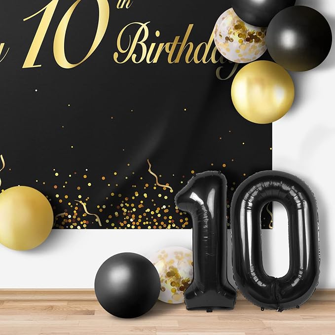 Happy 10th Birthday Balloons Black Set Decor - Cheers to 10 Years Old Party Theme Garland Banner Backdrop Decorations For Boy and Girl Supplies