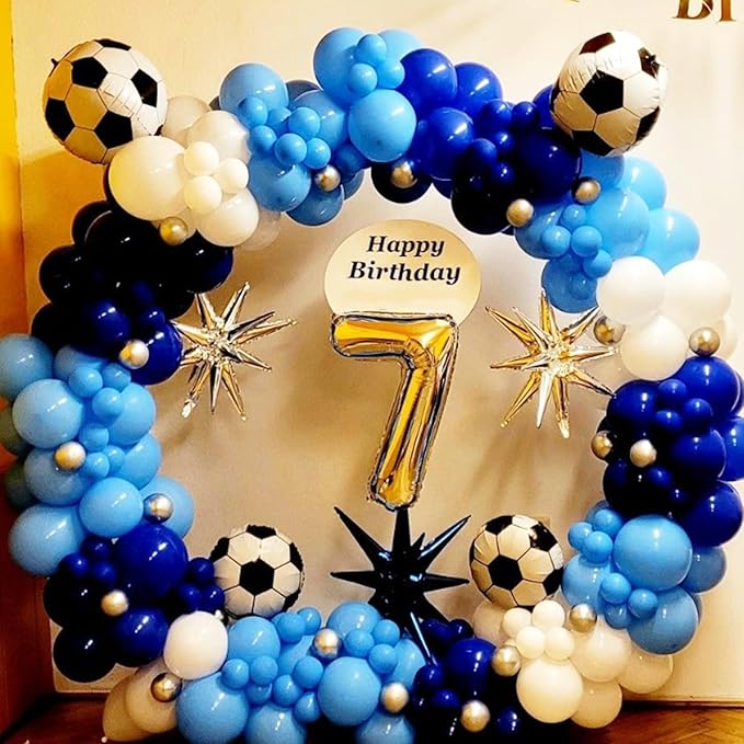 Soccer Balloon Arch Kit,Royal Blue Silver White Metallic Silver Football Balloons for Boy Soccer Birthday Party Decorations Baby Shower Wedding Anniversary Graduation Sport Themed Party Supplies