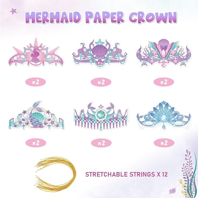 WERNNSAI Mermaid Party Crowns - 12 PCS Mermaid Birthday Party Decoration Glitter Paper Princess Crowns Mermaid Party Hats for Under The Sea Party Favor Supplies