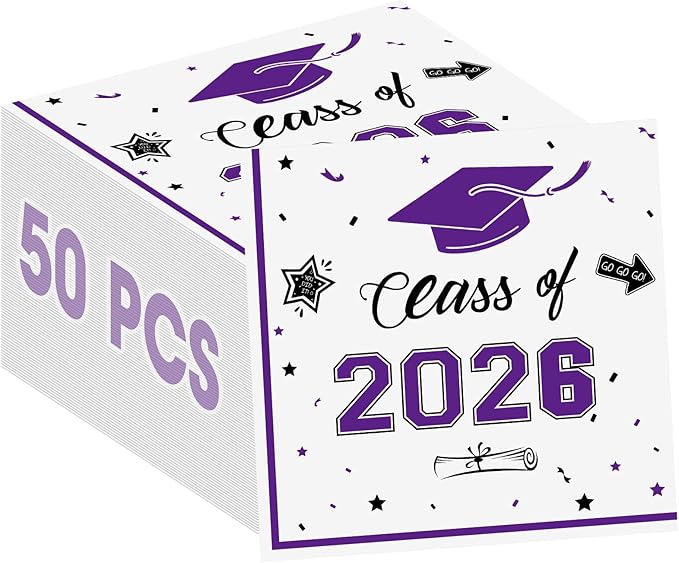 50 Pcs Graduation Napkins Decorations - Purple Class of 2026 Congrats GRAD 3-Ply Paper Cocktail Dinner Napkins Set for 2026 Graduation Party Supplies Table Decor Favors, 6.5 x 6.5 Inch