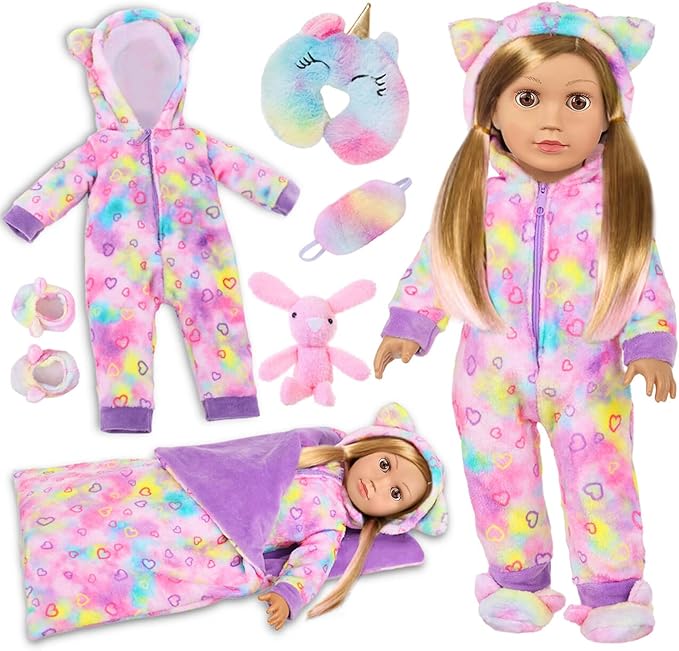 American 18" Doll Clothes and Sleep Bag Accessories,Sleepover Outfit Set Fits 18 Inch Dolls Include Rainbow Costume,Unicorn Style Pillow,Eye Mask,Shoes,Animal Toy Gifts for Girls (No Doll)