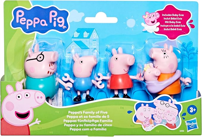 PEPPA PIG Peppa's Family of Five with Baby Evie, Poseable Figures Hold Hands, Preschool Toys for Girls and Boys 3 and Up
