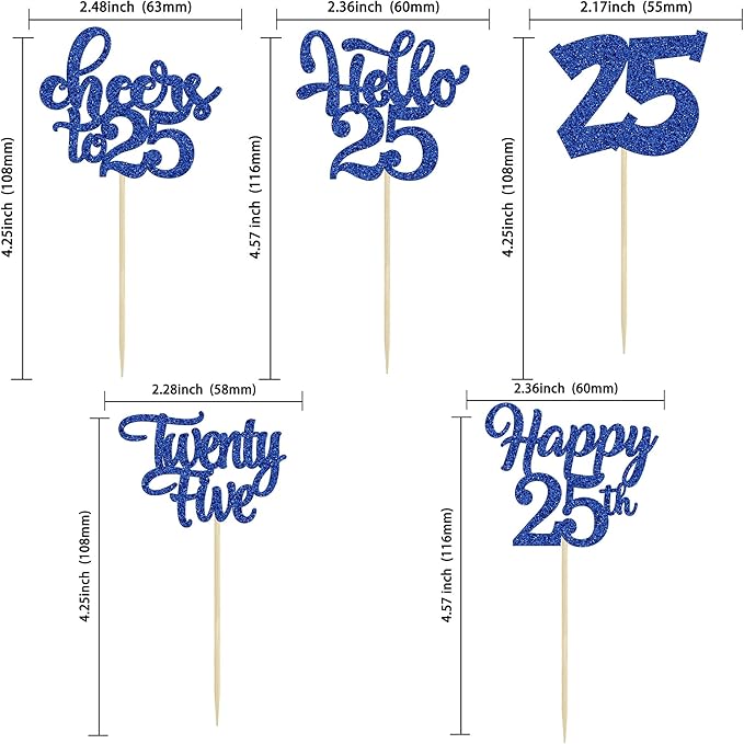 30pcs 25th Birthday Cupcake Toppers - 25th Anniversary Cheers to 25 Years Old Cake Decorations - Deep Blue Glitter