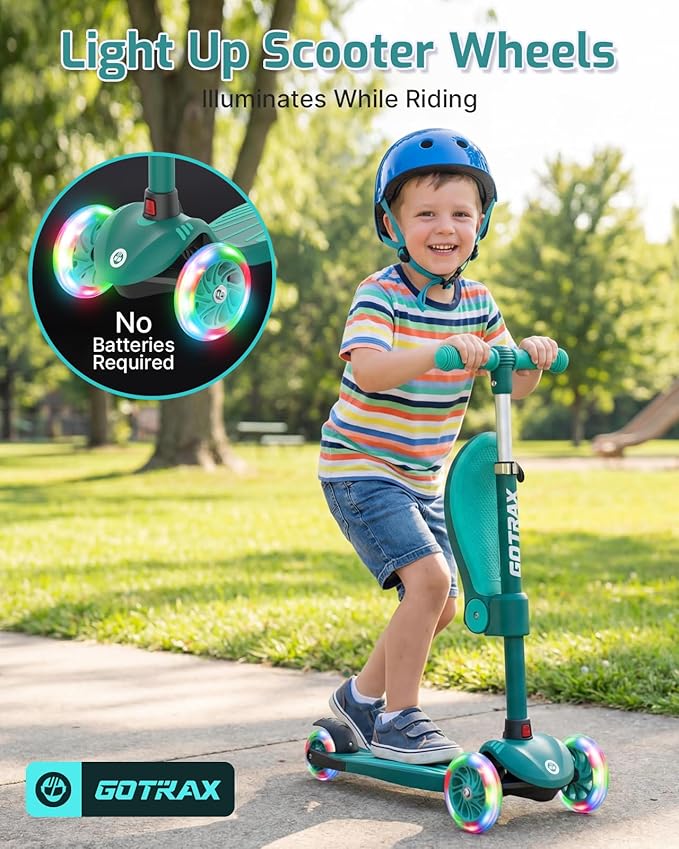 Gotrax KS3 Kids Kick Scooter, LED Lighted Wheels, Adjustable Height Handlebars and Removable Seat, Lean-to-Steer & Widen Anti-Slip Deck, 3 Wheel Scooter for Kids Ages 2-8 and up to 110 Lbs
