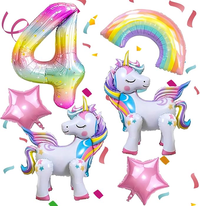 6PCS Self Standing Unicorn Balloons, Unicorn Balloon, Large Rainbow Balloon, Colorful Number 4 and Star Balloons for Girl 4th Birthday Party Decorations Supplies.(4th)
