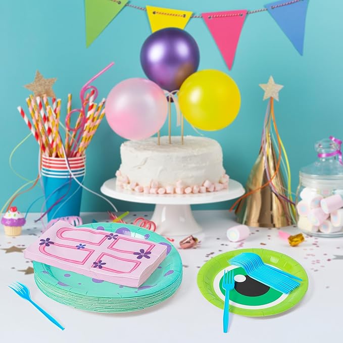 Monster Birthday Party Supplies - 96pcs Paper Plates Napkins Plastic Forks Kids Girl Boy Little Birthday Party Table Decorations Monster Themed Disposable Cake Tableware Set for 24 Guests