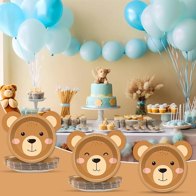 50 Count Bear Paper Plates Bear Shaped Disposable Cake Plates Brown Theme First Birthday Tableware Teddy for Gender Reveal Boy Girl Baby Shower Birthday Party Decorations