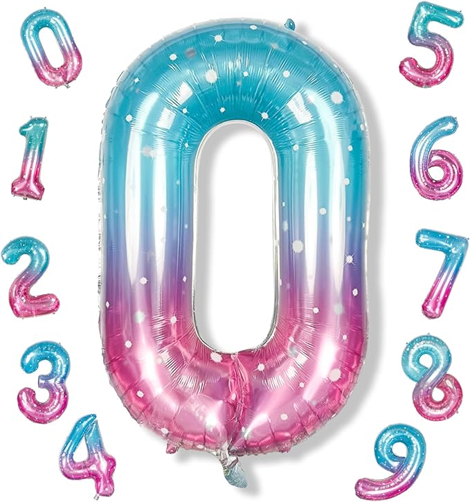 Mermaid Number 0 Balloons 40 Inch, Large Purple Teal Rainbow Number Balloons 0-9 Set, Starry 0 Mylar Foil Balloon Numbers for Girls Women Baby Shower Birthday Graduation Anniversary Party Decorations