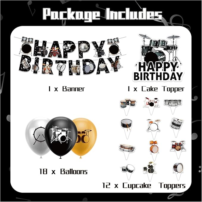 Drum Party Supplies Music Drum Birthday Party Decorations Includes Drums Happy Birthday Banner Cake Topper Cupcake Toppers Balloons for Drummers Birthday Party Baby Shower Decorations