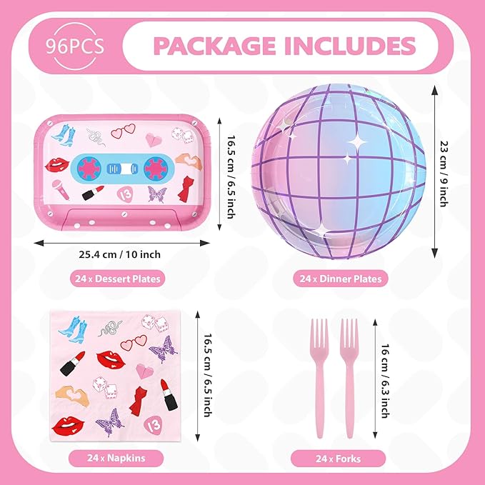 96Pcs In My Birthday Era Party Decorations Era's Birthday Singer Music Plates and Napkins Sets Iridescent Disco Music Friendship Decorations for Girls Women Bday Bachelorette Party Supplies Serves 24