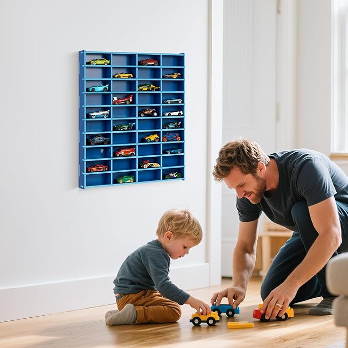 Toy Car Display Shelf, Holds 40 Diecast 1/64 Toy Cars, Wall Mount Model Car Storage Organize Case, Blue