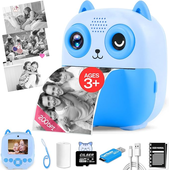 Kids Camera Instant Print, 32G 1080P HD Dual-Lens Selfie Digital Cameras, Christmas Birthday Gifts for Girls Boys, Toddler Portable Toys for 3 4 5 6 7 8 9 10 Year Old Girl-Blue