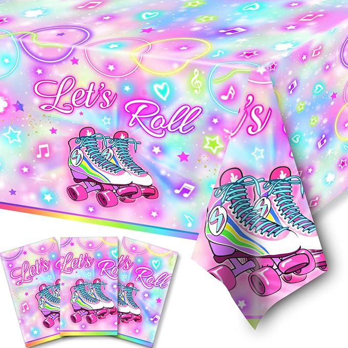 GREHUMOR 3pcs Roller Skating Table Covers Roller Skater Birthday Party Decorations Skate Table Covers Let's Roll Colorful Tablecloth Roller Skating Theme Party Supplies
