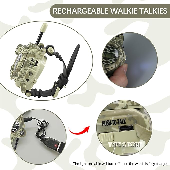 Walkie Talkies for Kids, Children Walkie Talkie Rechargeable Watch Two-Way Long Range with Flashlight, Camping Hiking Cycling Outdoor Toys, Gifts for Girls and Boys, 2 Pack