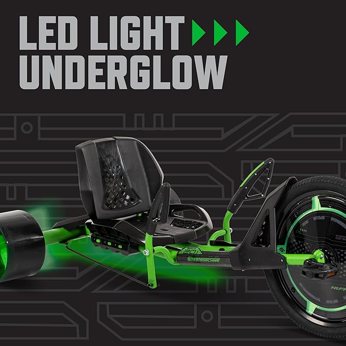 Huffy Green Machine 20 Inch Drift Trike, Sleek Ergonomic Design, Adjustable Seat, Durable Steel Frame, Easy to Operate, Drift Trike for Kids Ages 8+, LED Light Accents, Coaster Brake, Green and Black