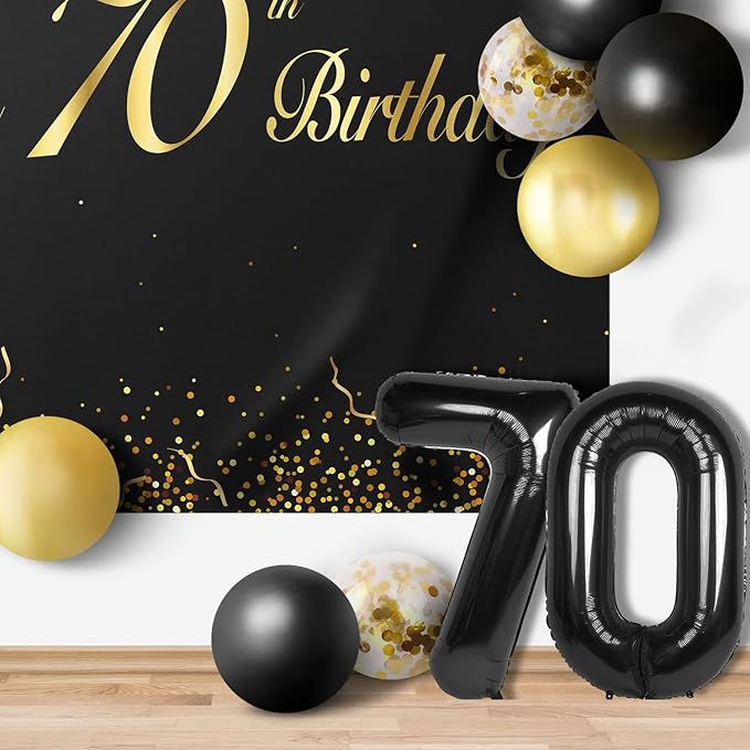 Happy 70th Birthday Balloons Black Set Decor - Cheers to 70 Years Old Party Theme Garland Banner Backdrop Decorations For Women and Men Supplies