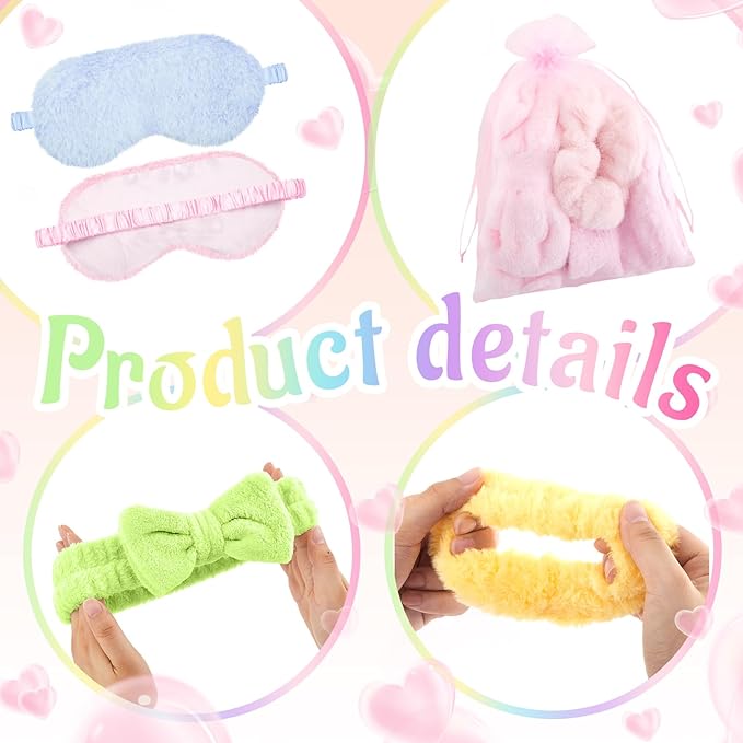 72 Pcs Sleepover Party Supplies for Girl Spa Slumber Birthday Favors Throw Blanket Pillow Eye Mask Headband Scrunchies (Solid Color,Multicolor)