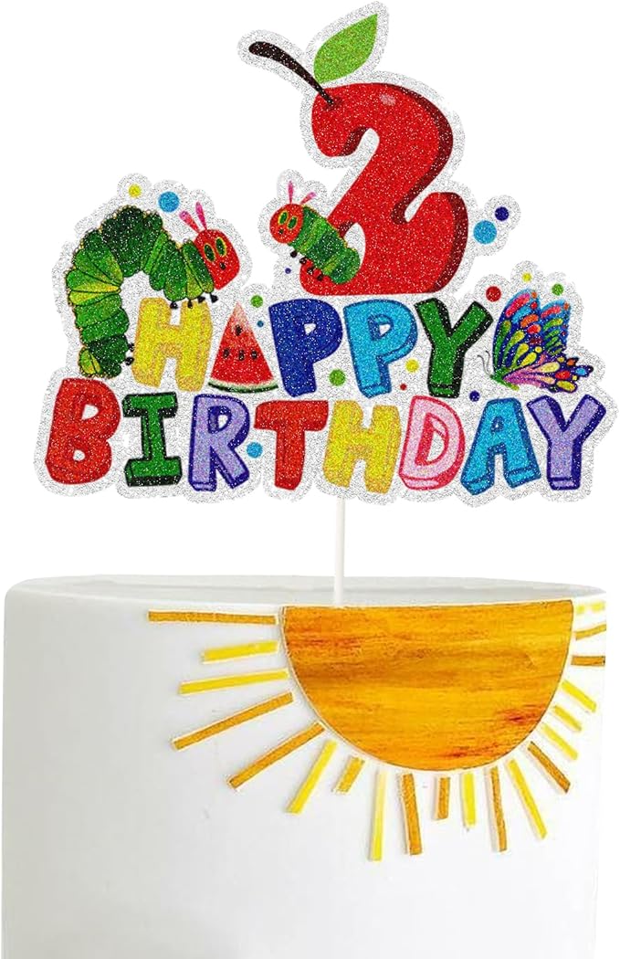 Hungry Caterpillar Happy 2nd Birthday Cake Topepr,Reading Story Theme Two Year Old Cake Decor,Summer Spring Second Birthday Party Decorations for Boys Girls